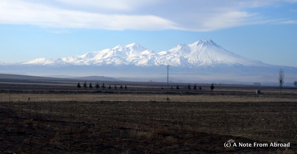 Snow capped mountains on the drive toward Ankara