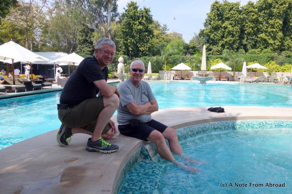 Tim with Dick cooling his feet at the Imperial Hotel