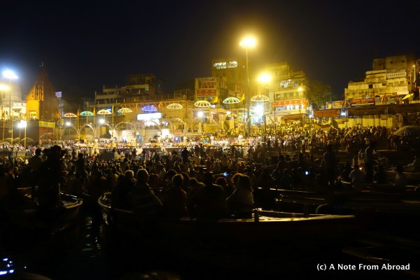 Easily over 100 boats crowded together to watch the evening prayer ceremony