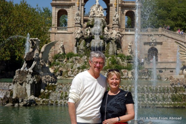Tim and Joanne in front of fountain at Parc de la Ciutadella