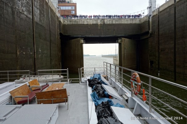 The rear door starting to close