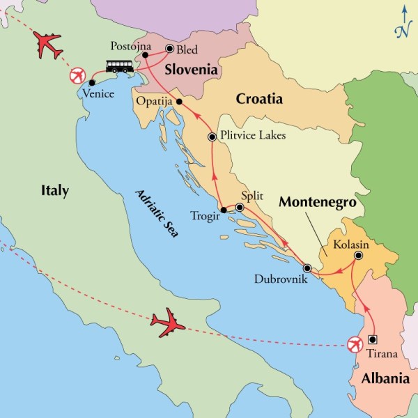 12 day Albania, Montenegro, Croatia, Slovenia Map (courtesy of Gate 1)