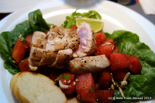 Fresh tuna salad on a base of watermelon, cherry tomatoes, chopped almonds and romaine.