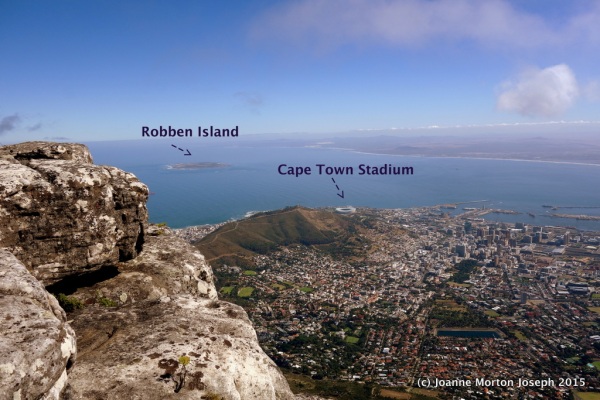 Looking down upon Cape Town with Robben Island in the harbor.