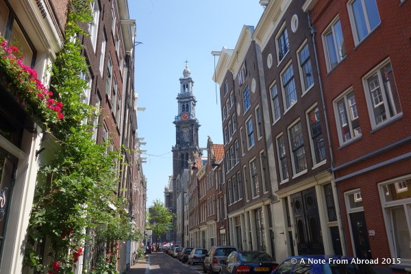 The tall steeple in the background is another church located right near the Anne Frank house.