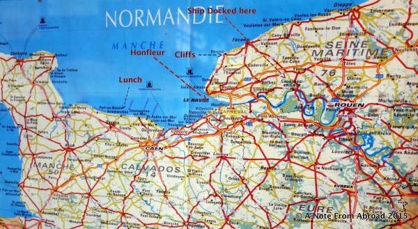 Map of Normandy showing location of ship, Honfleur, lunch stop and cliffs of Etretat.