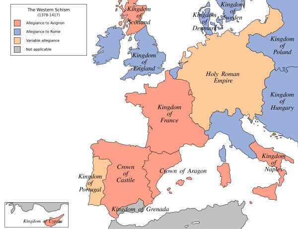 Map shows division during the Western Schism