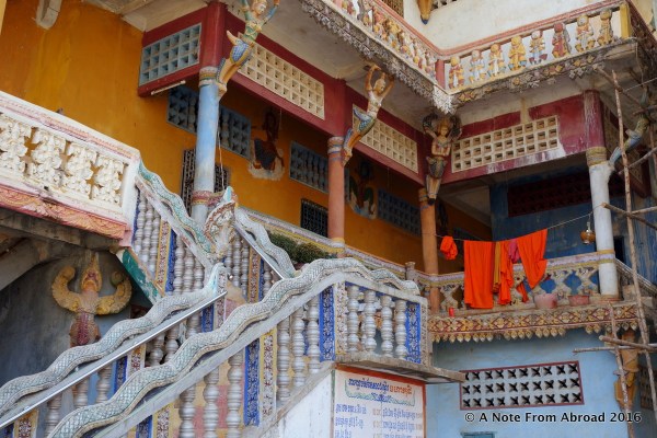 Stairway up to monks living quarters with robes drying in the sunshine