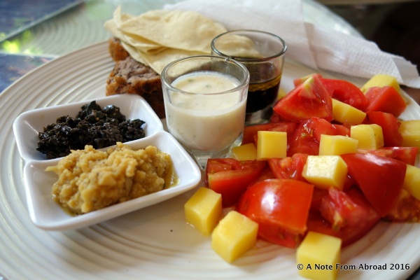 Hummus plus bread, fruit and veggies