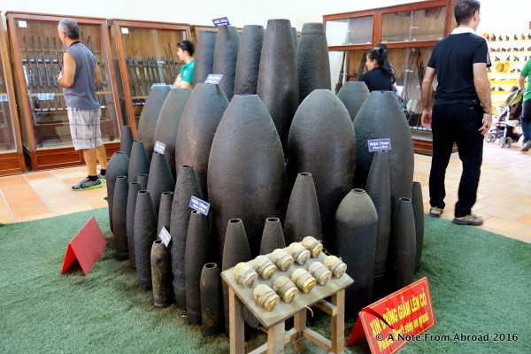 Bombs, large artillery, weapons on display