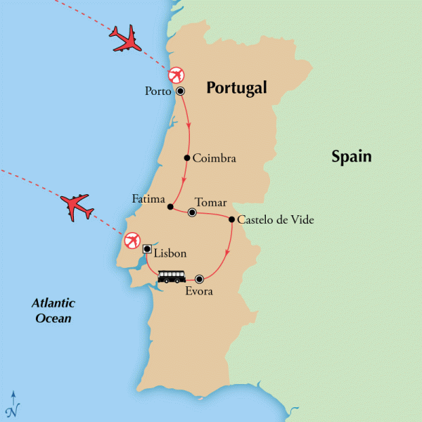 Map showing our route through Portugal with our Gate 1 tour