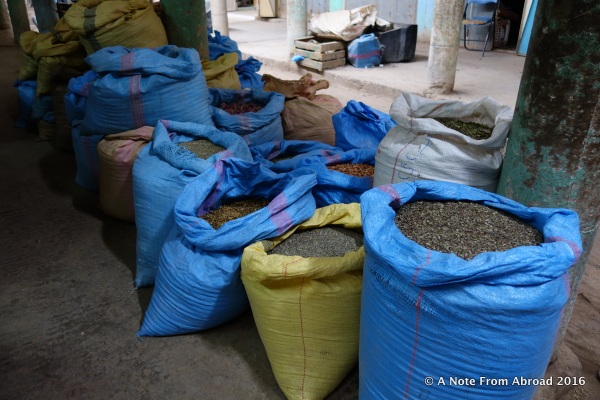 Sacks filled with grains in the marketplace