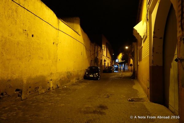 The back streets of the medina were deserted and dreary in the night rain.