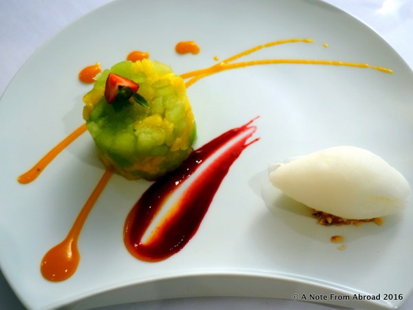 Sweet desert at our farewell dinner was finely chopped fruits with a citrus sorbet to cleanse the palate.