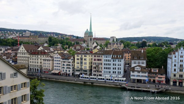 View from Lindenhof with both the University (behind the green spire) and ETH technical college (green building to the left) visible. 25 Nobel Prize winners have graduated from ETH including Albert Einstein.