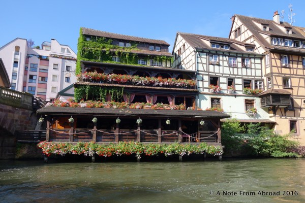 Flower boxes were overflowing along the river