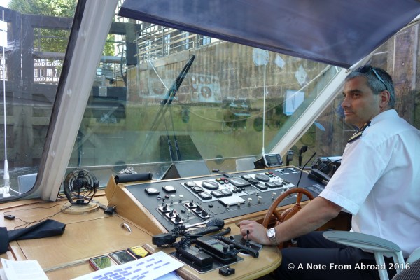 Inside the canal boat showing the controls