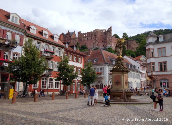 Heidelberg, Germany - Main square (Corn Market) with the castle up on the hill