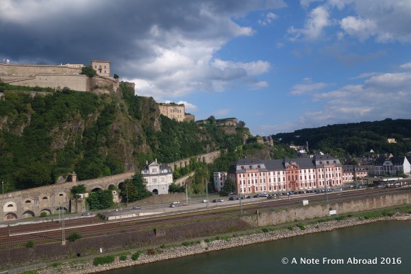 Ehrenbreitstein Fortress sits on the hill across the Rhine from Koblenz