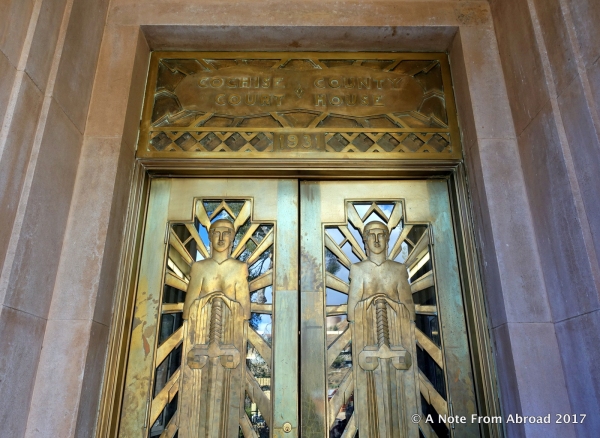 Bronze Pueblo Deco style entry doors for the Cochise County Superior Court